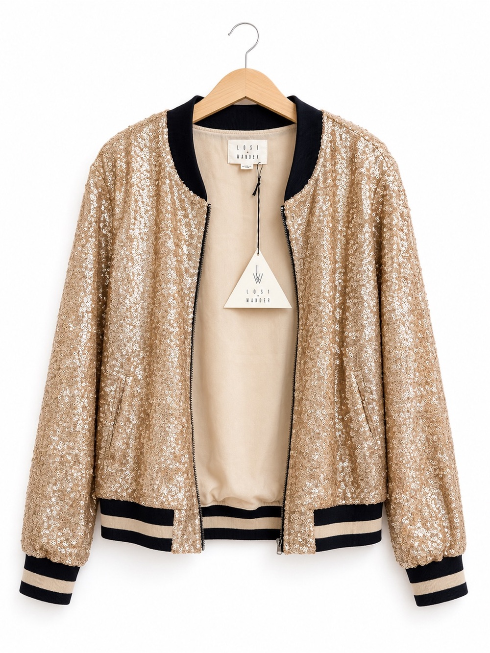NWT Lost + Wander Champagne Gold Sequin Bomber Jacket Medium